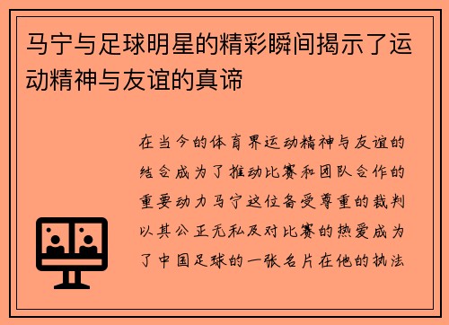 马宁与足球明星的精彩瞬间揭示了运动精神与友谊的真谛